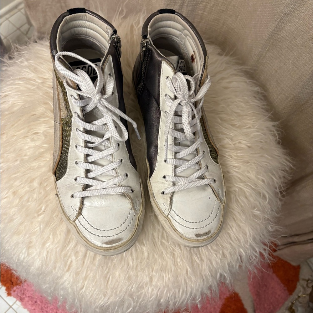 Golden Goose White, Silver and Black Slides